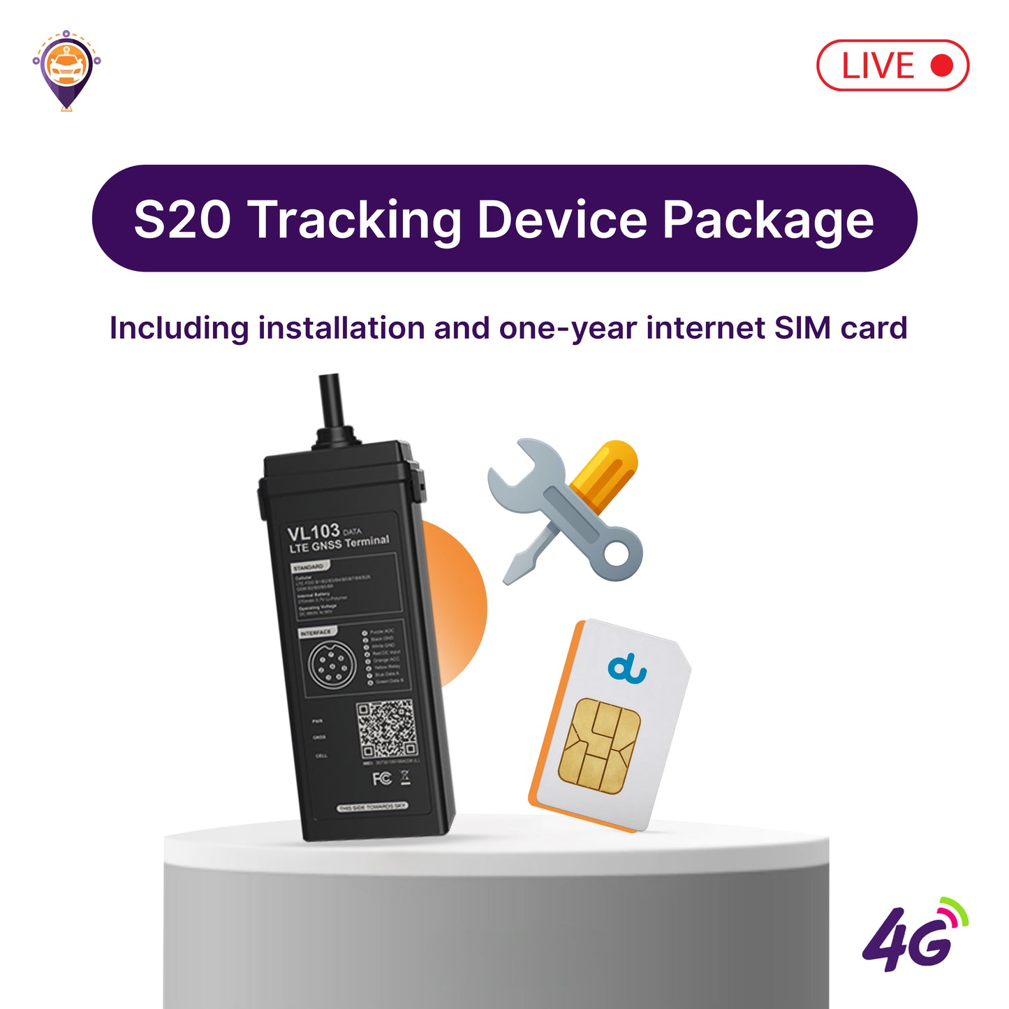 S20 Tracking Device Package with Installation and One-Year Internet SIM